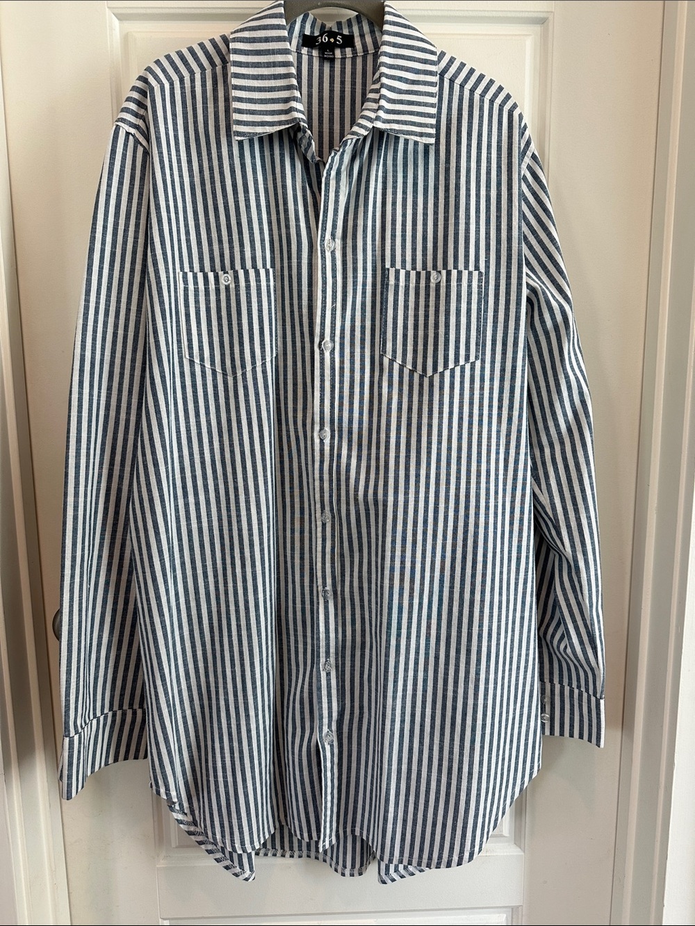 36 Point 5 Vertical Striped Long Sleeve Shirt Dress - Navy & White